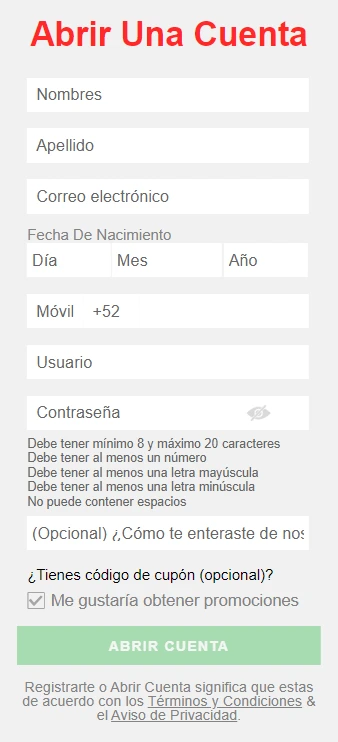 Formulario de registro de Caliente con todos los pasos